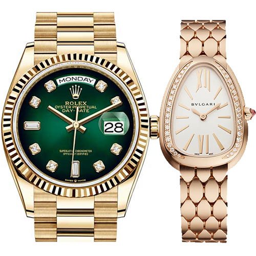COMBO - Rolex Day-Date Oyster 36 mm yellow gold & Bvlgari Serpenti Seduttori White Dial Women Watch